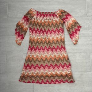 TACERA Dress Sheath Multicolor Zigzag Lined Boho Chevron Crochet Design Pink S